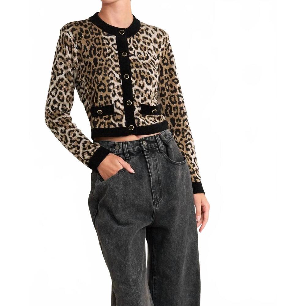 NEW FLYING TOMATO kristen animal print knit cardigan in leopard - Picture 4 of 7
